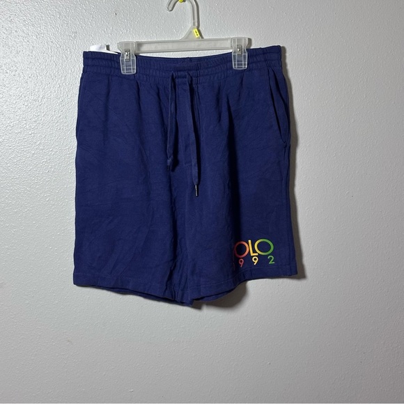 Polo Ralph Lauren Men SweatShorts Blue Polo 1992 Logo Fleece Elastic Waist Small - Picture 1 of 8